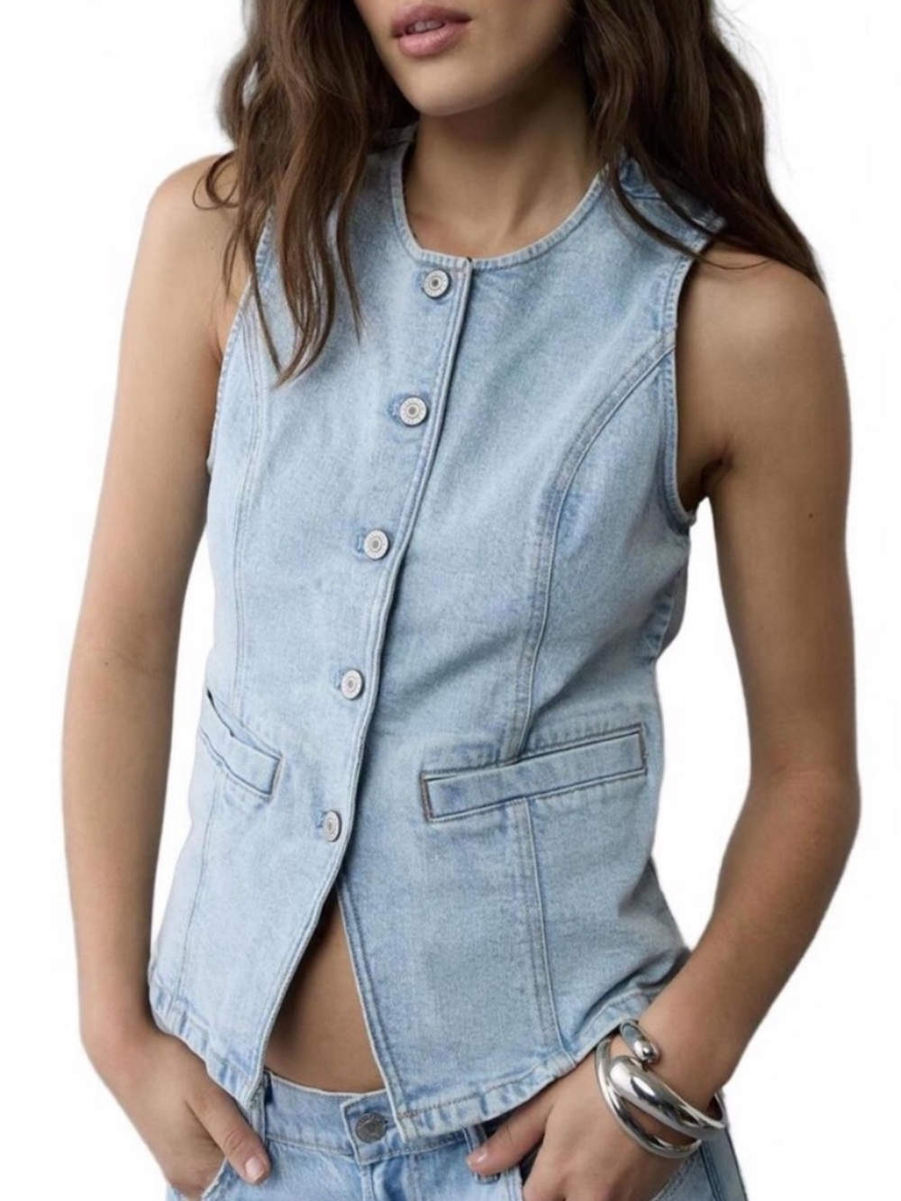 American Eagle Outfitters Light Blue Denim Crewneck Button Vest